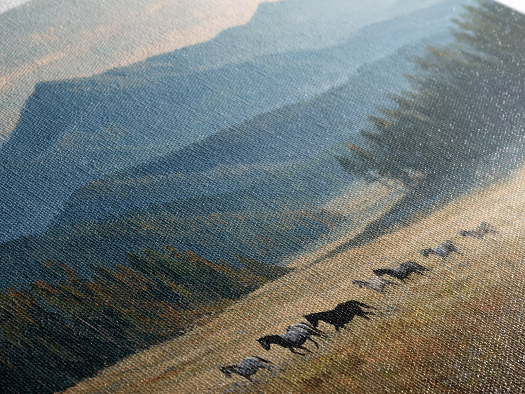 Wild Horses Running Near Mountain Ridge Framed Canvas Print, Nature Art, 3d Wall Art, Living Room Decor, Fine Art, Nature, NAT-3x2-74