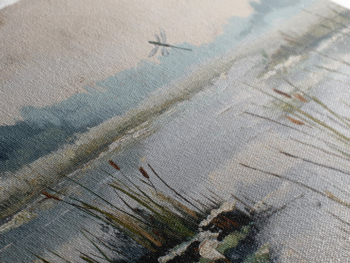 Dragonfly over a Pond with Reeds Canvas Print, Nature Art, Stained Glass Art, Living Room Decor, Abstract Art, Nature, NAT-3x2-94