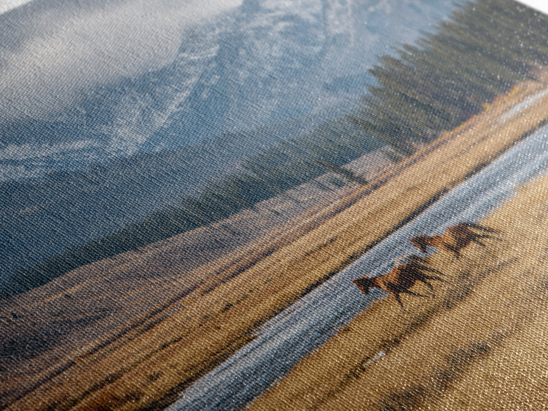 Wild Horses Running Near Mountain Ridge Canvas Print, Nature Art, Mountain Wall Art, Living Room Decor, Oil Painting, Nature, NAT-3x2-98