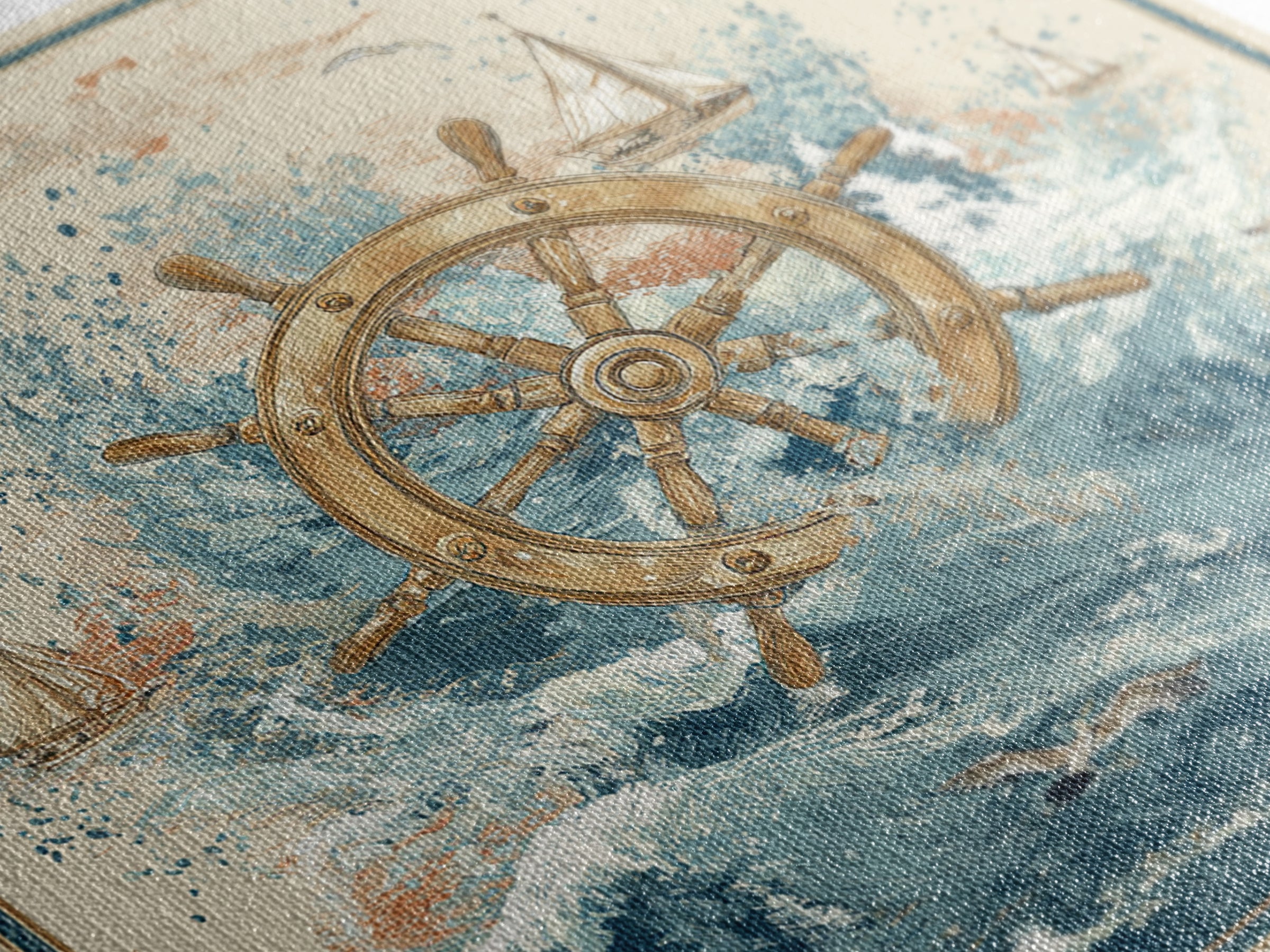 Ship Wheel with Sea Spray Background Framed Canvas Print, Nautical Art, Nautical, Coastal Decor, Fine Art, Harbor, Modern Decor, NAU-1x1-39