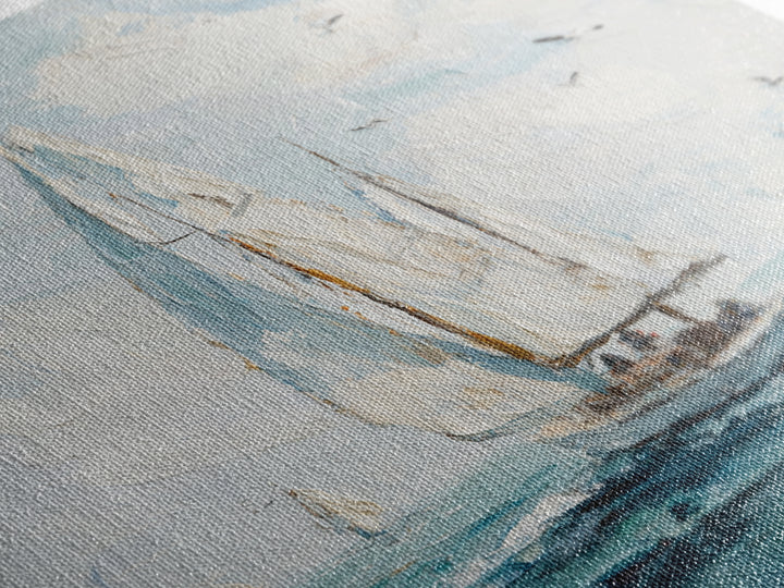 Classic Yacht Racing Through Whitecaps Framed Canvas Print, Nautical Art, Coastal Decor, Oil Painting, Harbor, Fine Art Print, NAU-1x1-43