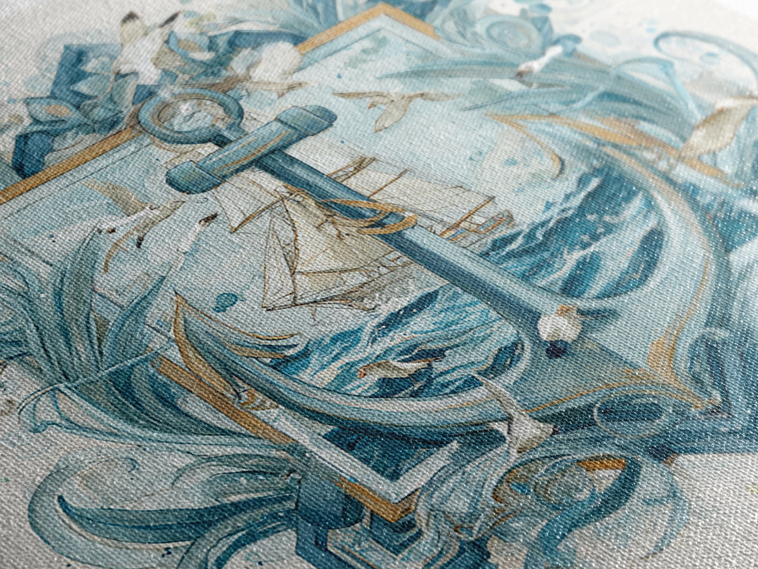 Anchor and Laurel Nautical Crest Without Text Framed Canvas Print, Nautical Art, Textured Painting, Coastal Decor, Harbor, NAU-1x1-53