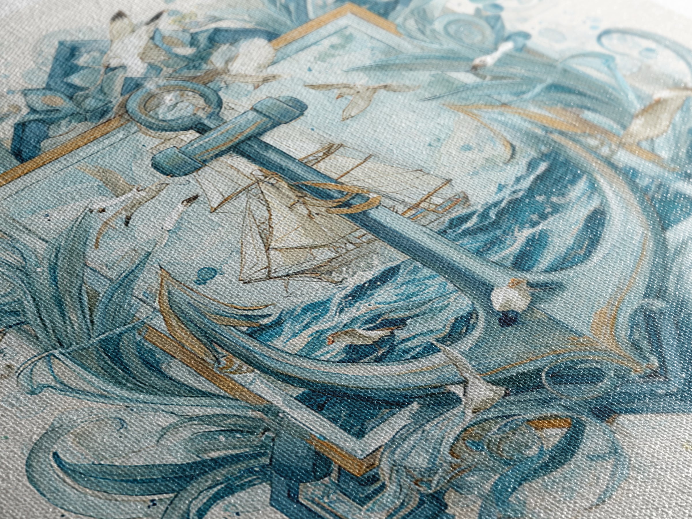 Anchor and Laurel Nautical Crest Without Text Framed Canvas Print, Nautical Art, Textured Painting, Coastal Decor, Harbor, NAU-1x1-53