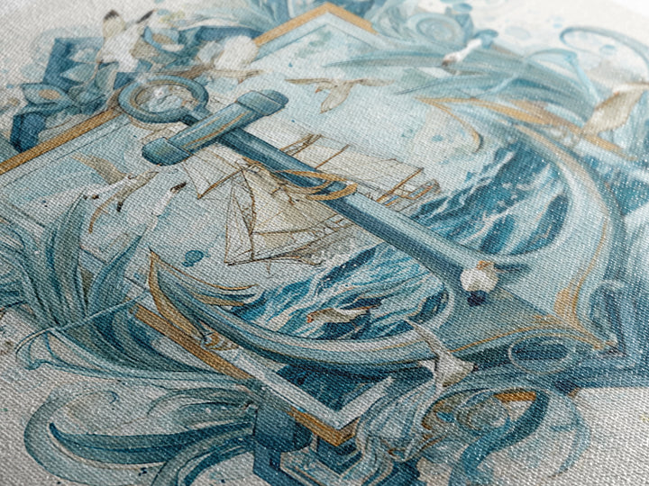 Anchor and Laurel Nautical Crest Without Text Framed Canvas Print, Nautical Art, Textured Painting, Coastal Decor, Harbor, NAU-1x1-53