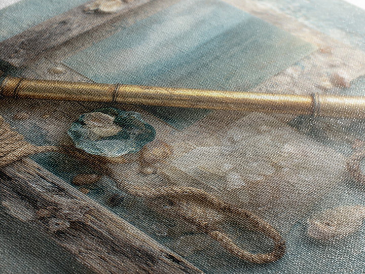 Brass Telescope and Old Map Still Life Framed Canvas Print, Nautical Art, Statement Artwork, Coastal Decor, Fine Art, Harbor, NAU-1x1-78