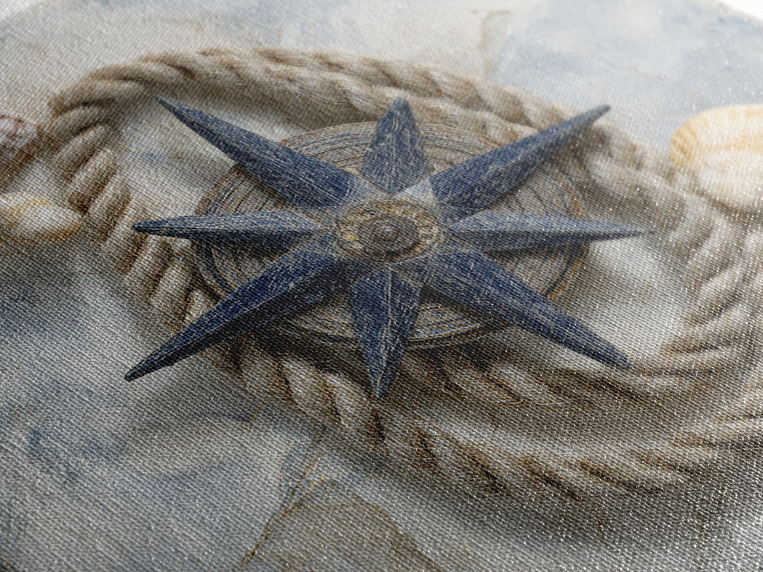 Antique Compass with Rope and Shells Canvas Print, Nautical Art, Textured Painting, Coastal Decor, Fine Art, Harbor, NAU-1x1-98