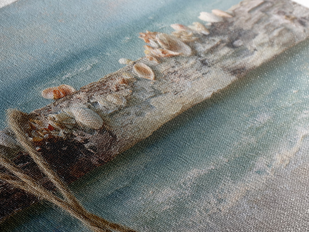 Antique Compass with Rope and Shells Canvas Print, Nautical Art, Textured Painting, Coastal Decor, Fine Art, Harbor, NAU-2x1-22