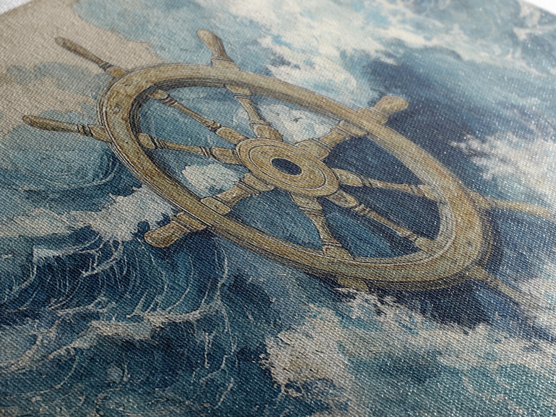 Ship Wheel with Sea Spray Background Framed Canvas Print, Nautical Art, Wall Art, Coastal Decor, Oil Painting, Harbor, NAU-2x1-35