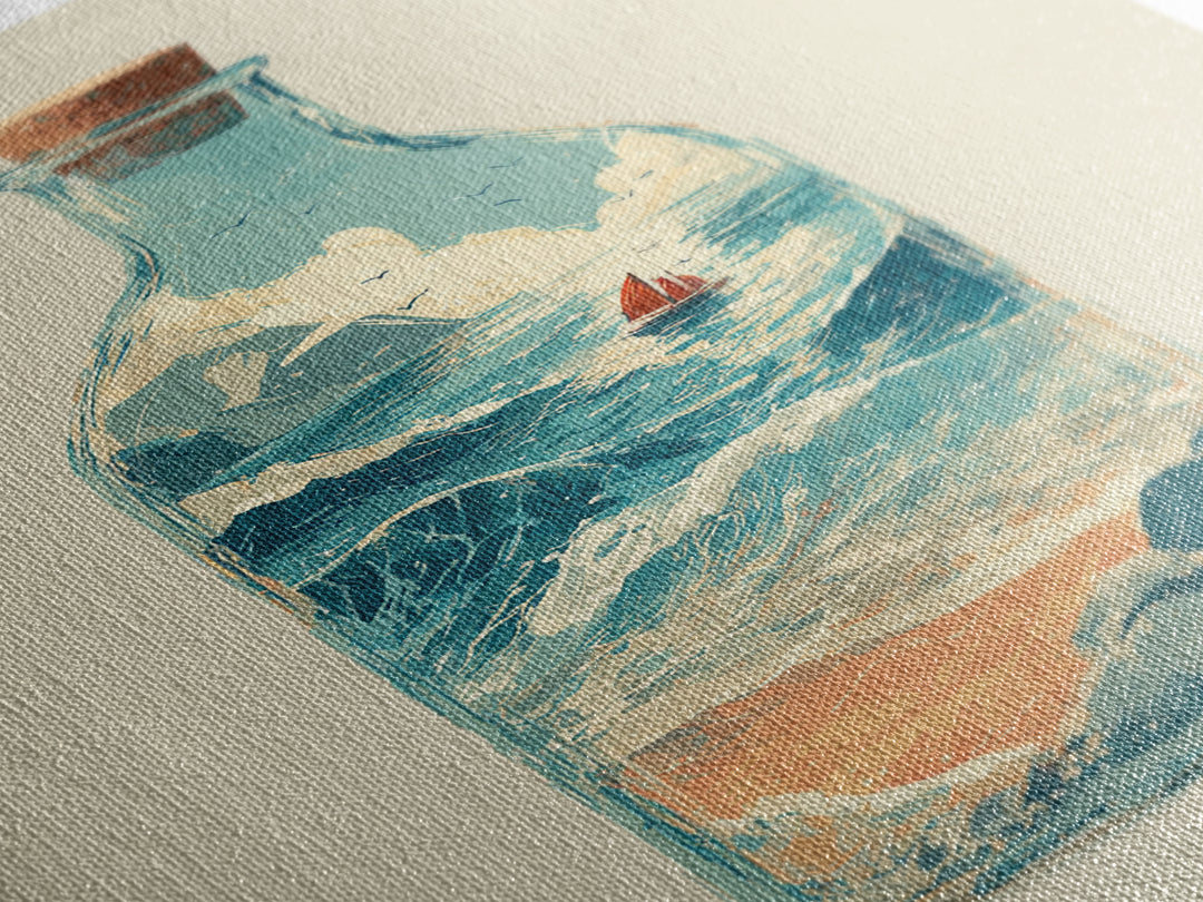 Bottle with Tiny Ship and Ocean Inside Framed Canvas Print, Nautical Art, Modern Decor, Coastal Decor, Fine Art, Harbor, NAU-2x3-24