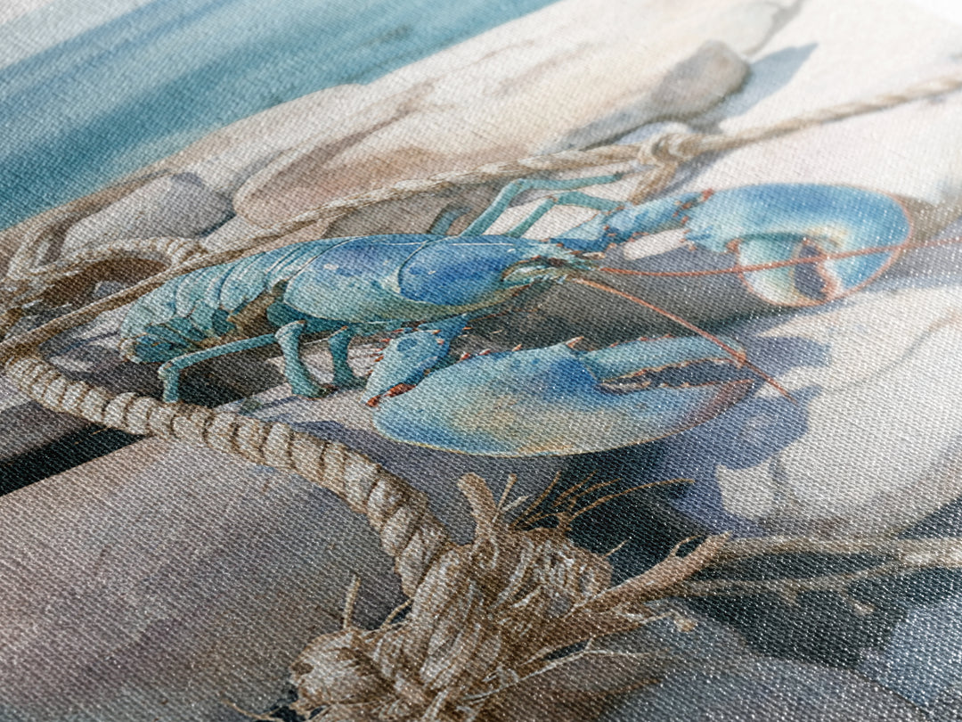 Lobster and Rope Coastal Illustration Framed Canvas Print, Nautical Art, Beach Decor, Coastal Decor, Fine Art, Harbor, NAU-2x3-28