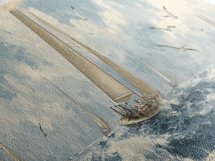 Classic Yacht Racing Through Whitecaps Canvas Print, Nautical Art, Minimalist Decor, Coastal Decor, Fine Art, Harbor, NAU-3x1-35