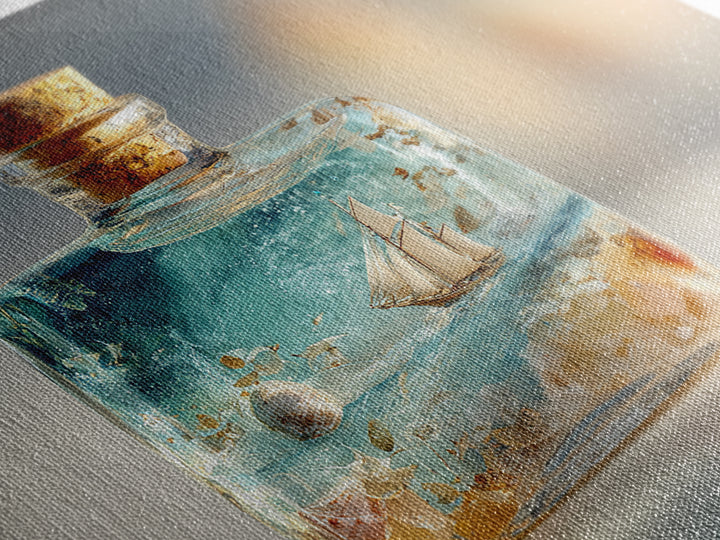 Bottle with Tiny Ship and Ocean Inside Canvas Print, Nautical Art, Minimalist Decor, Coastal Decor, Oil Painting, Harbor, NAU-3x2-68