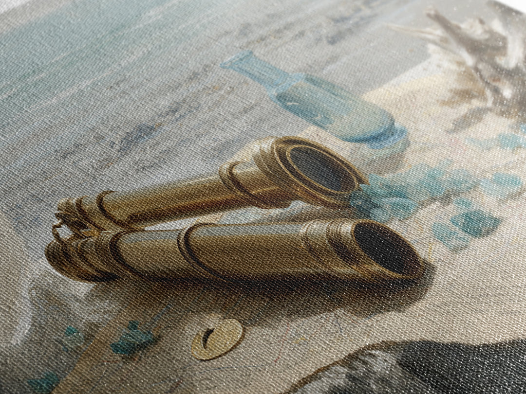 Brass Telescope and Old Map Still Life Framed Canvas Print, Nautical Art, Ocean Art, Coastal Decor, Oil Painting, Harbor, NAU-3x2-82