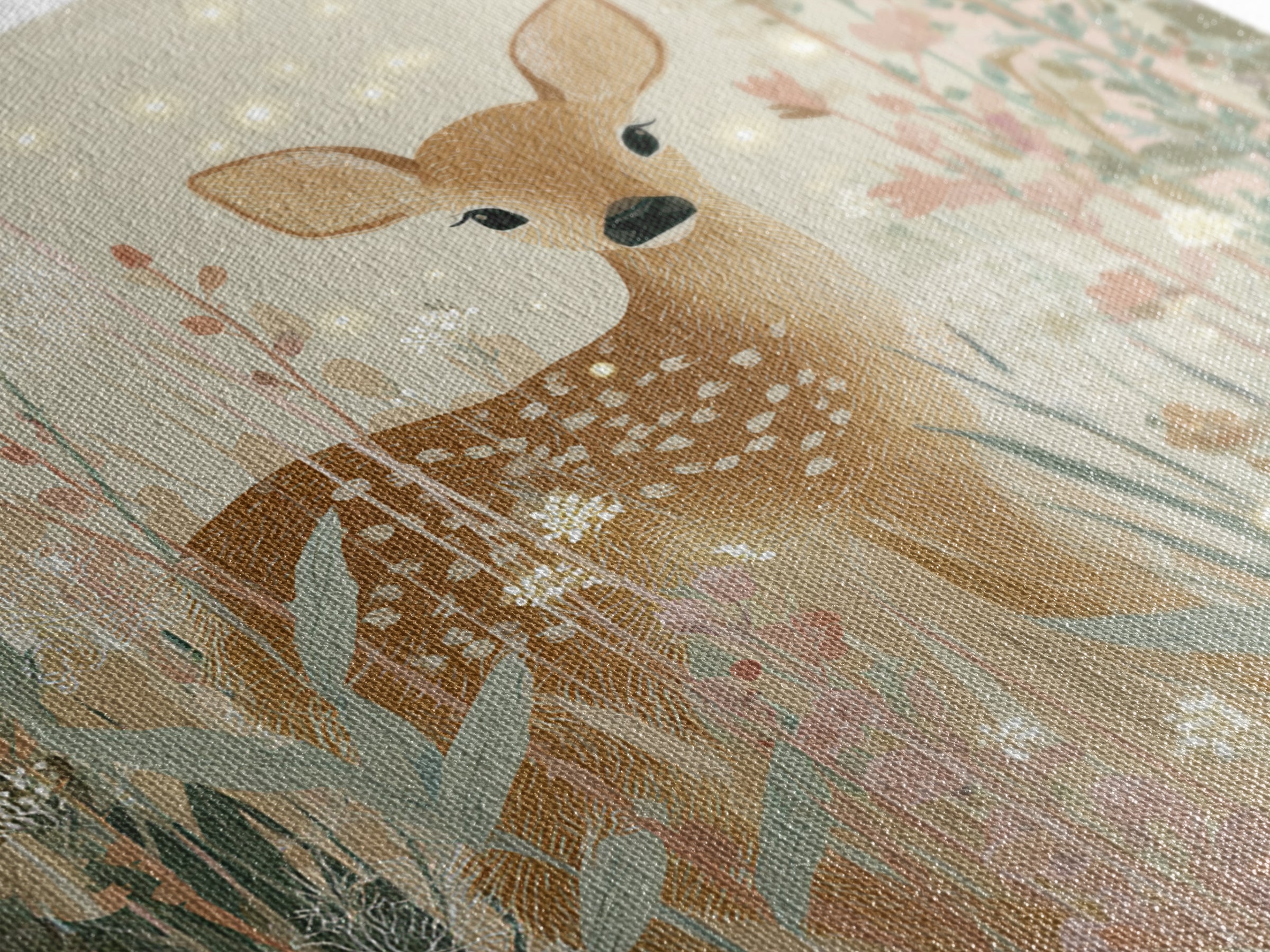 Baby Deer in Meadow with Fireflies Canvas Print, Nursery Decor, Floral Wallpaper, Nursery, Fine Art Print, Statement Artwork, NDE-1x1-22