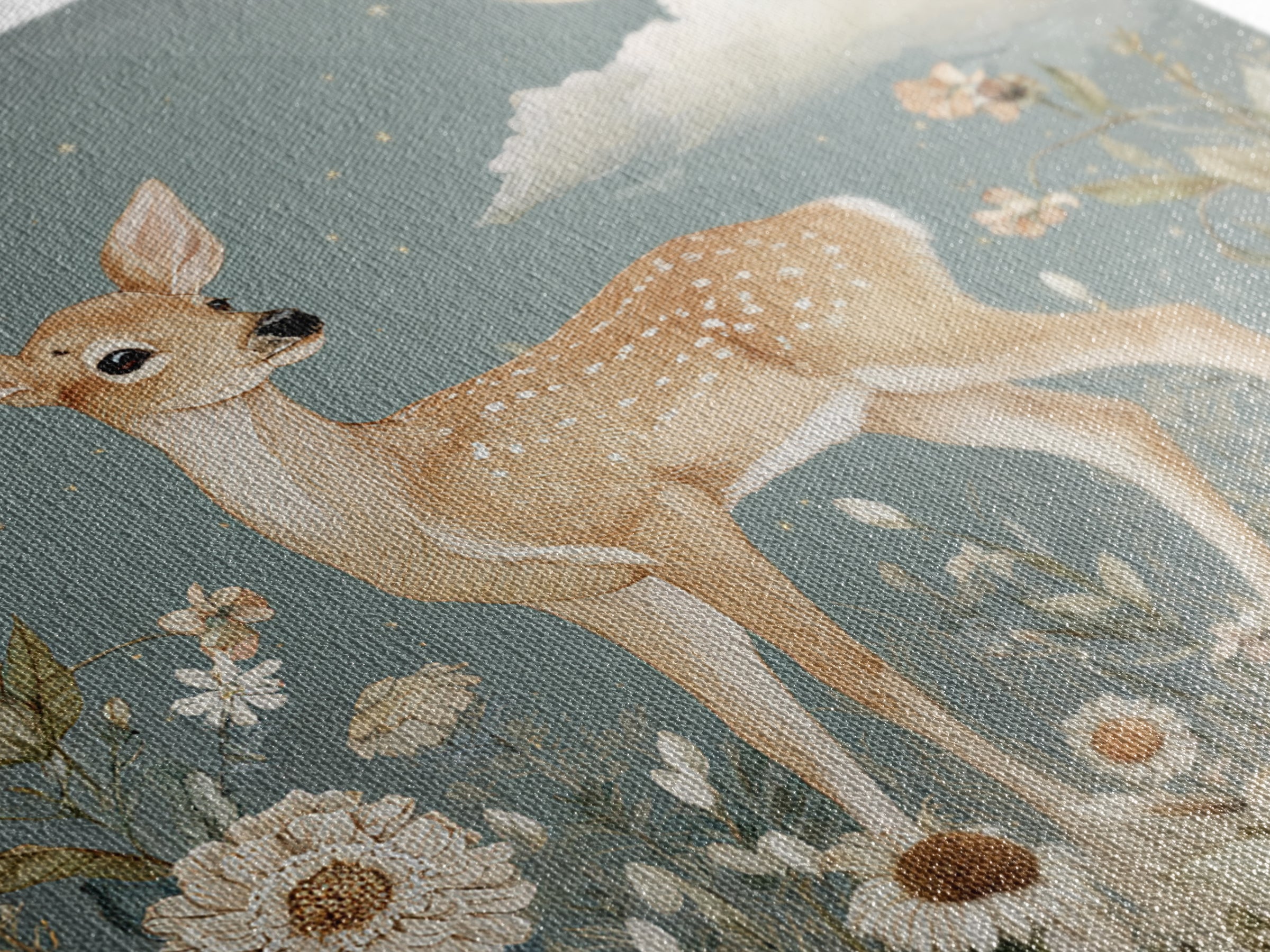 Baby Deer in Meadow with Fireflies Framed Canvas Print, Nursery Decor, Nursery Wall Decals, Oil Painting, Nursery, NDE-1x1-46