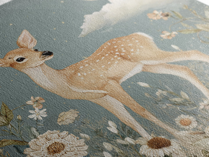 Baby Deer in Meadow with Fireflies Framed Canvas Print, Nursery Decor, Nursery Wall Decals, Oil Painting, Nursery, NDE-1x1-46