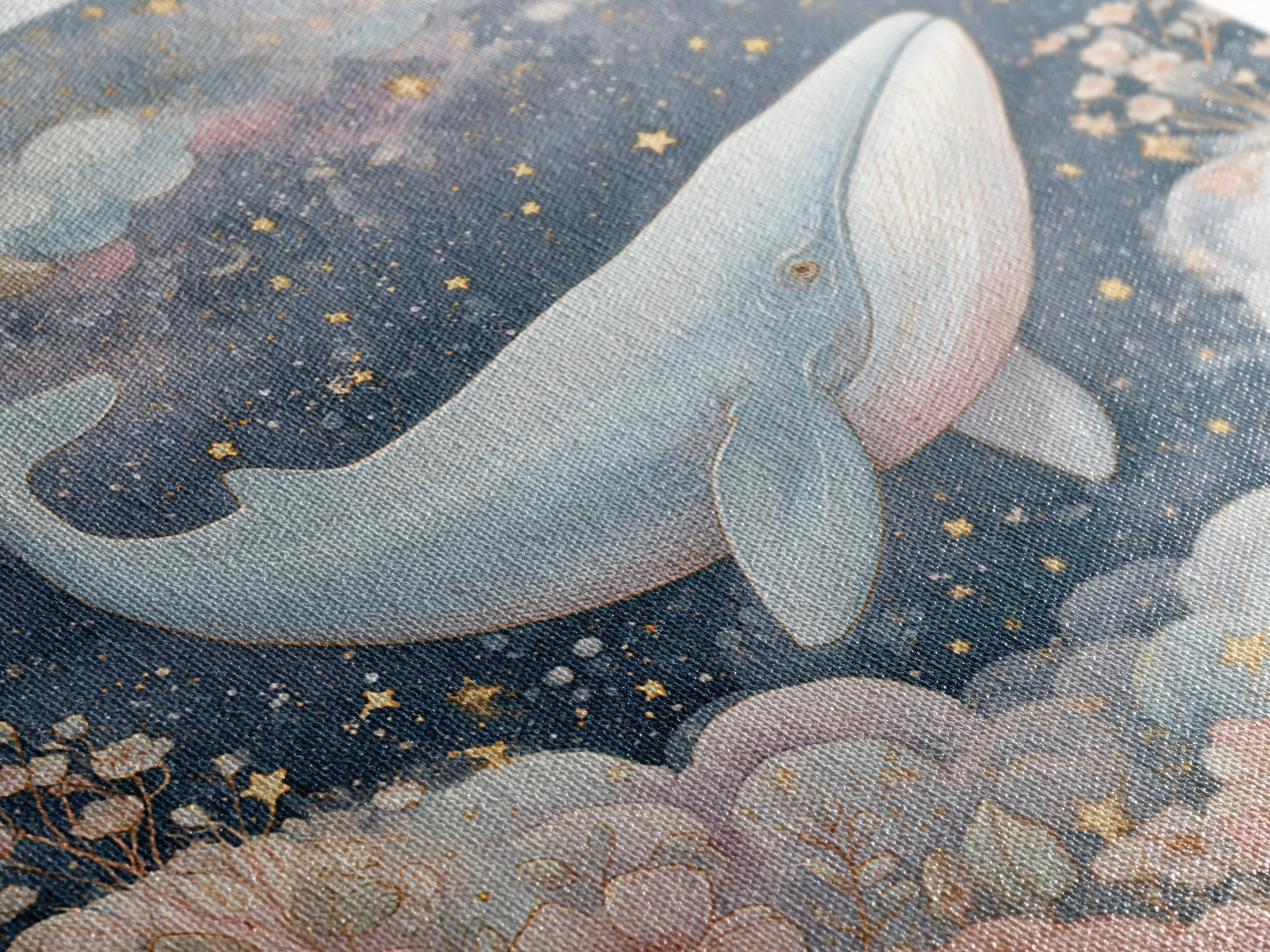 Baby Whale Swimming Through Stars Framed Canvas Print, Nursery Decor, Nursery, Fine Art, Nursery, Baby Girl Nursery Decor, NDE-1x1-56