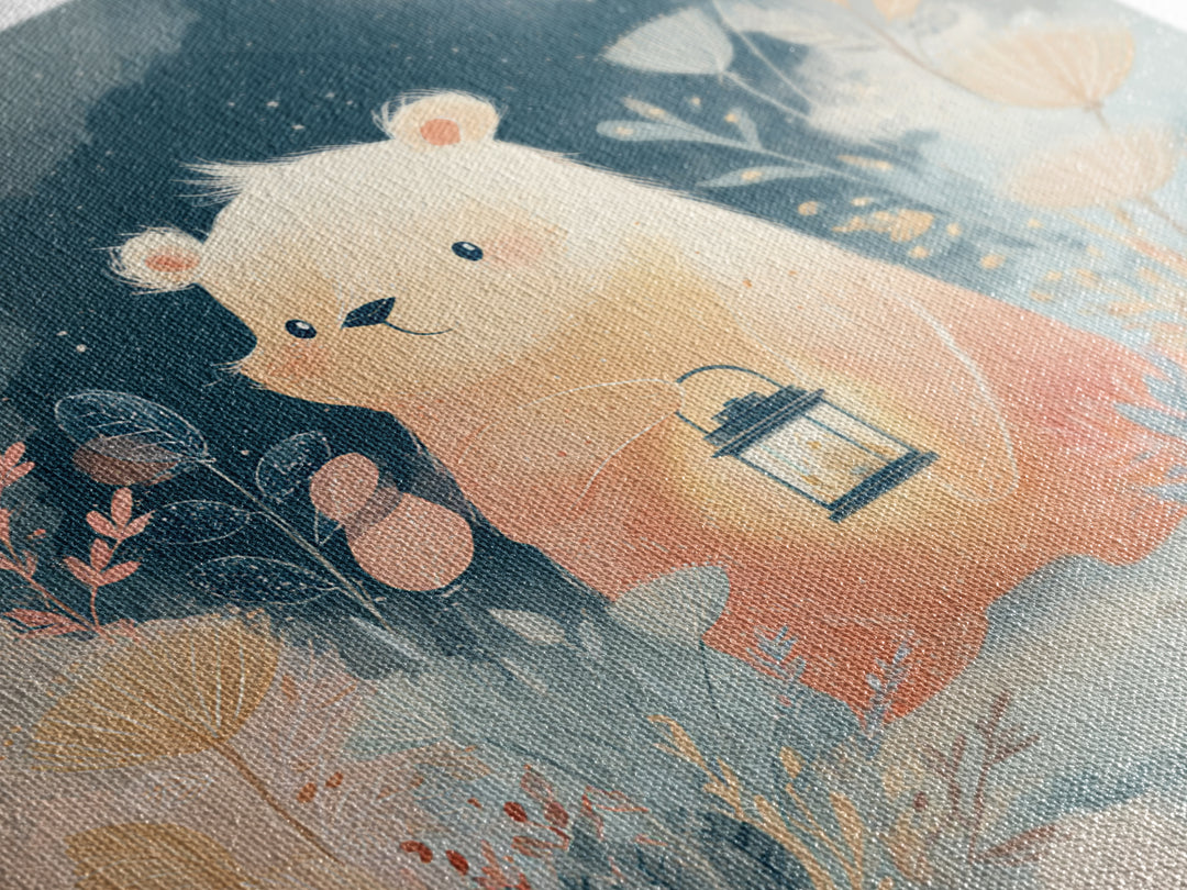 Storybook Bear with Little Lantern Canvas Print, Nursery Decor, Statement Artwork, Fine Art, Nursery, Printable Wall Art, NDE-1x1-9