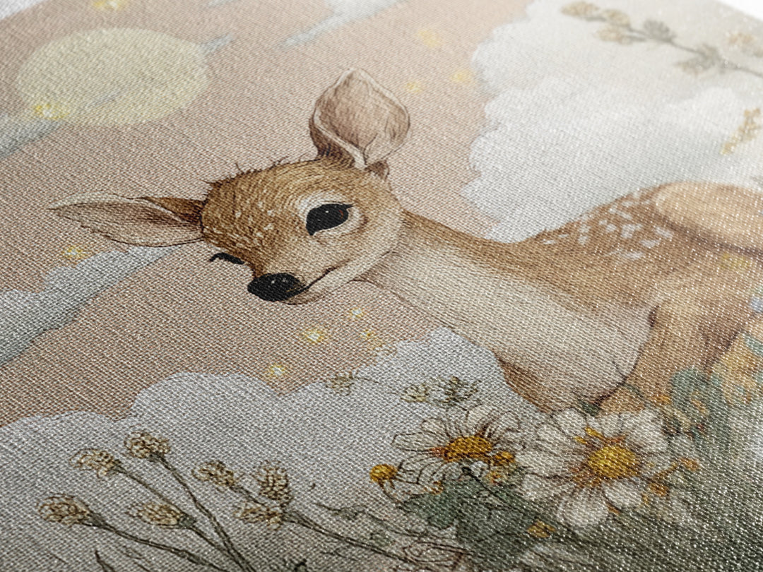 Baby Deer in Meadow with Fireflies Canvas Print, Nursery Decor, Modern Decor, Fine Art, Nursery, Wall Decor, Art Print, NDE-1x1-94