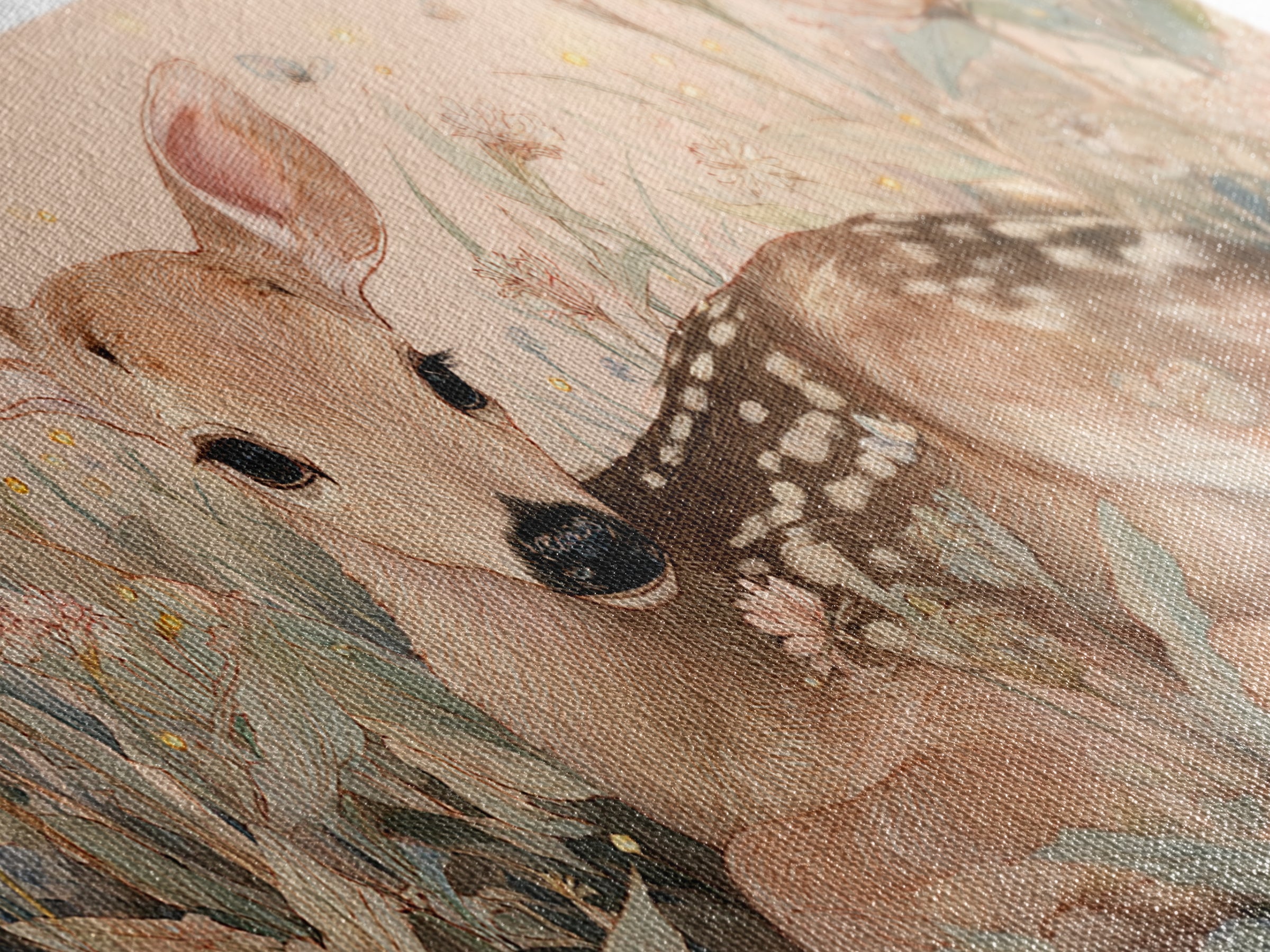 Baby Deer in Meadow with Fireflies Framed Canvas Print, Nursery Decor, Room Decor, Fine Art, Nursery, Framed Wall Art, NDE-2x1-18