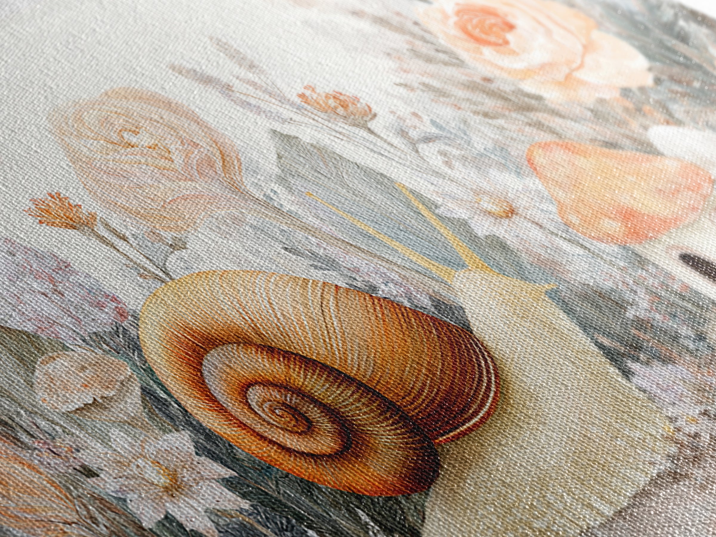Garden Snail with Mushroom House Framed Canvas Print, Nursery Decor, Woodland Nursery, Watercolor Art, Nursery, NDE-2x1-19