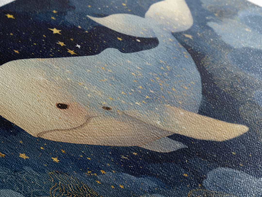 Baby Whale Swimming Through Stars Framed Canvas Print, Nursery Decor, Contemporary Art, Fine Art, Nursery, Wall Decals, NDE-2x1-28