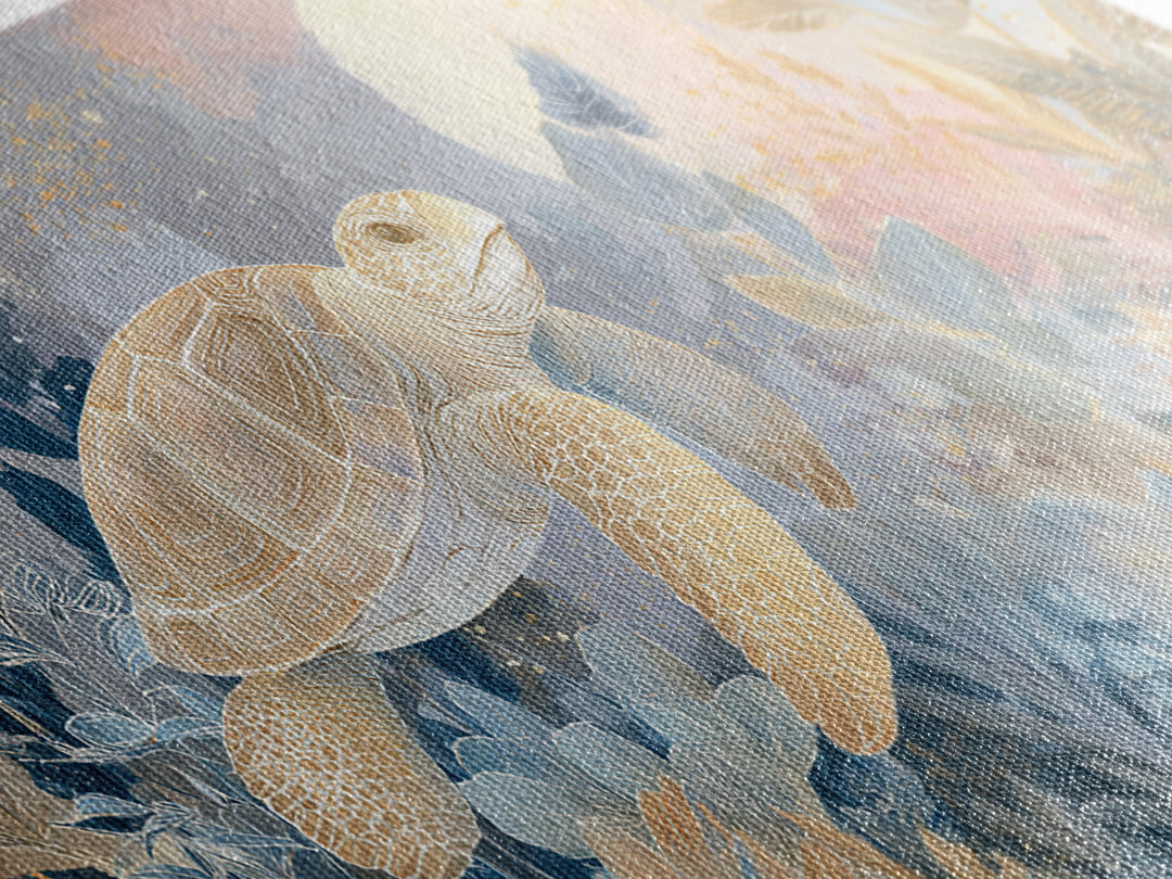 Tiny Turtle with Sea Plants Canvas Print, Nursery Decor, Nursery Wall Art, Oil Painting, Nursery, Botanical Wall Art, NDE-2x1-39
