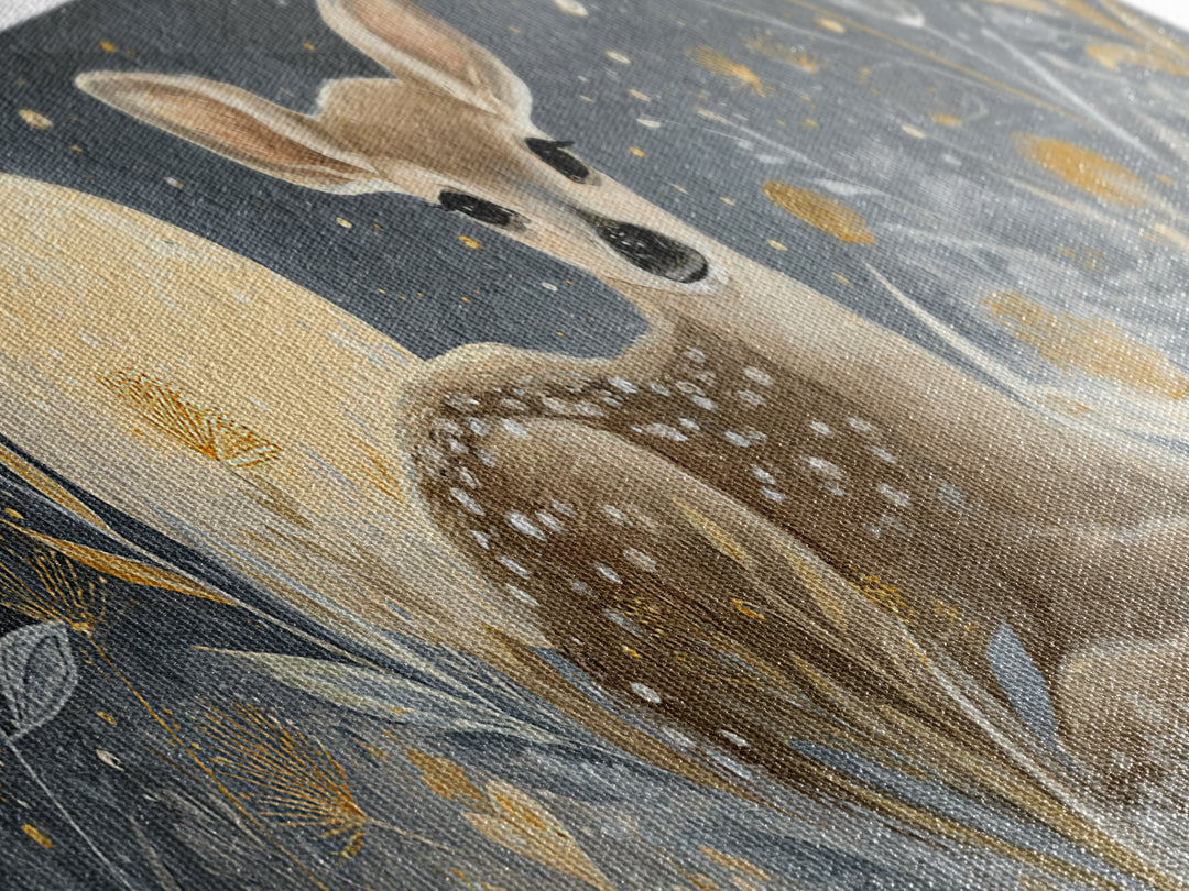 Baby Deer in Meadow with Fireflies Canvas Print, Nursery Decor, Modern Decor, Fine Art, Nursery, Wall Decor, Art Print, NDE-3x1-14