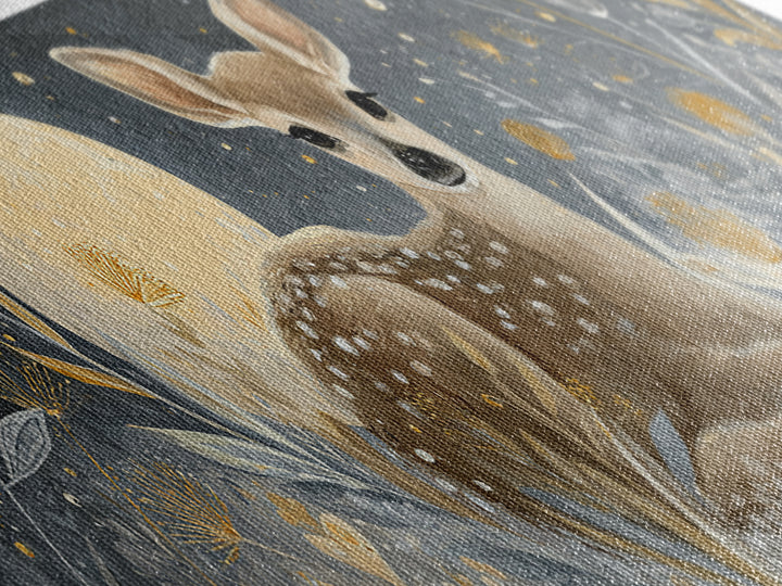 Baby Deer in Meadow with Fireflies Canvas Print, Nursery Decor, Modern Decor, Fine Art, Nursery, Wall Decor, Art Print, NDE-3x1-14