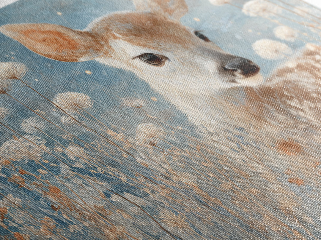 Baby Deer in Meadow with Fireflies Framed Canvas Print, Nursery Decor, Floral Wallpaper, Fine Art, Nursery, Fine Art Print, NDE-3x2-50