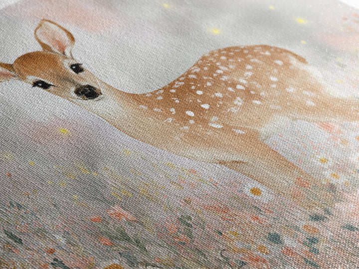 Baby Deer in Meadow with Fireflies Framed Canvas Print, Nursery Decor, Floral Wallpaper, Fine Art, Nursery, Fine Art Print, NDE-3x2-74