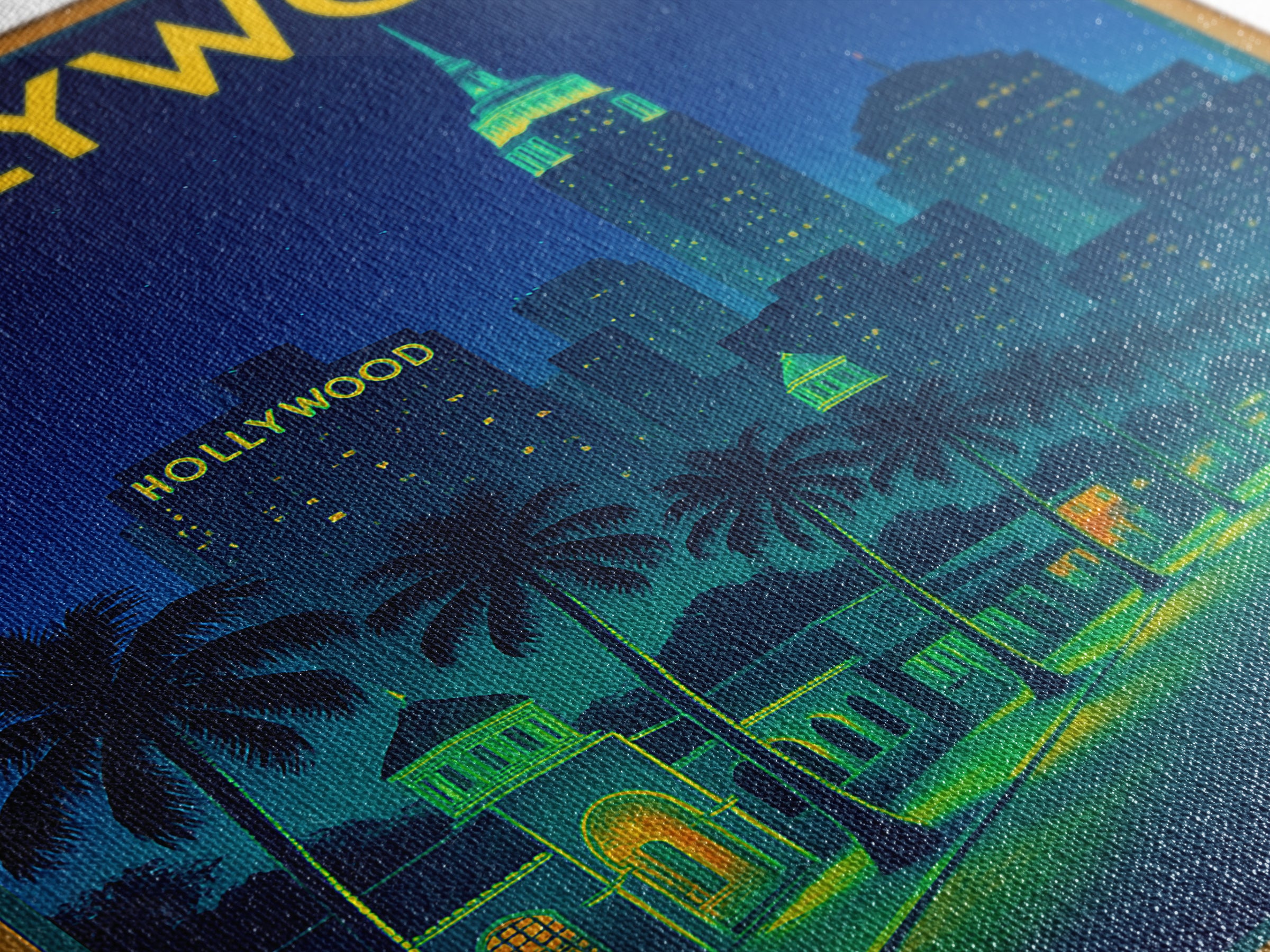 Hollywood Travel Poster, Canvas Print, Retro Neon Travel Art, Hollywood City Art, Travel Wall Art, Travel Wall Decor, City Art Print