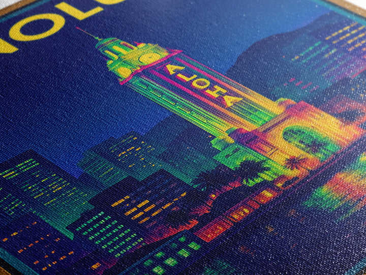 Honolulu Travel Poster, Framed Canvas Print, Neon Cityscape Wall Art, Honolulu Wall Art, City Illustration, Vintage City Art, Art Print