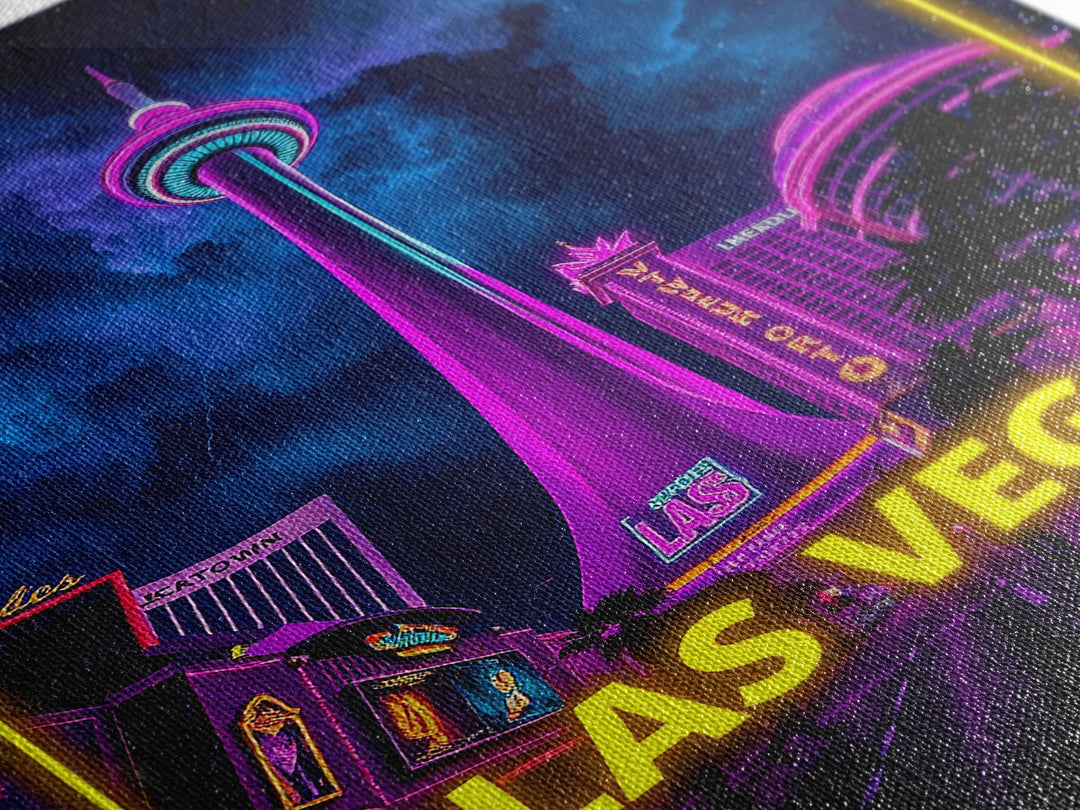 Las Vegas Travel Poster, Canvas Print, Neon City Skyline Wall Art, Las Vegas Art Print, City Illustration, Wanderlust Decor, Travel Wall Art