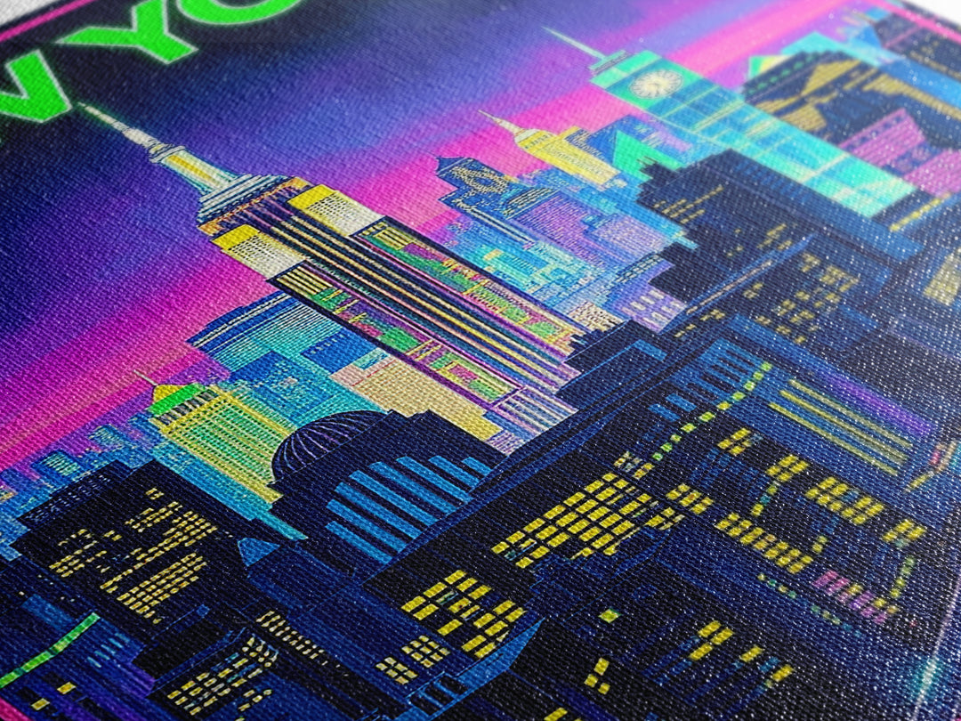 New York Travel Poster, Framed Canvas Print, Retro Neon Travel Art, New York Art Print, City Travel Prints, Fine Art Print, Art Print