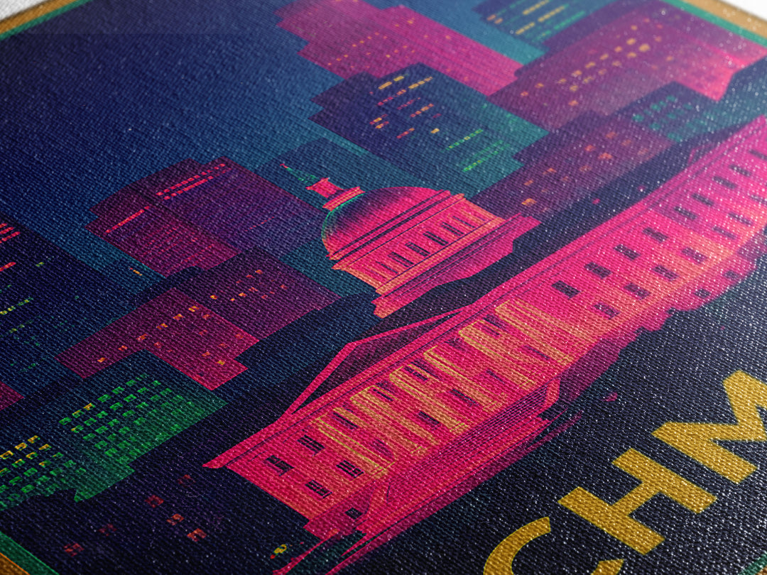 Richmond Travel Poster, Canvas Print, Neon Cityscape Wall Art, Richmond Art Print, Travel Wall Decor, Travel Wall Art, City Illustration