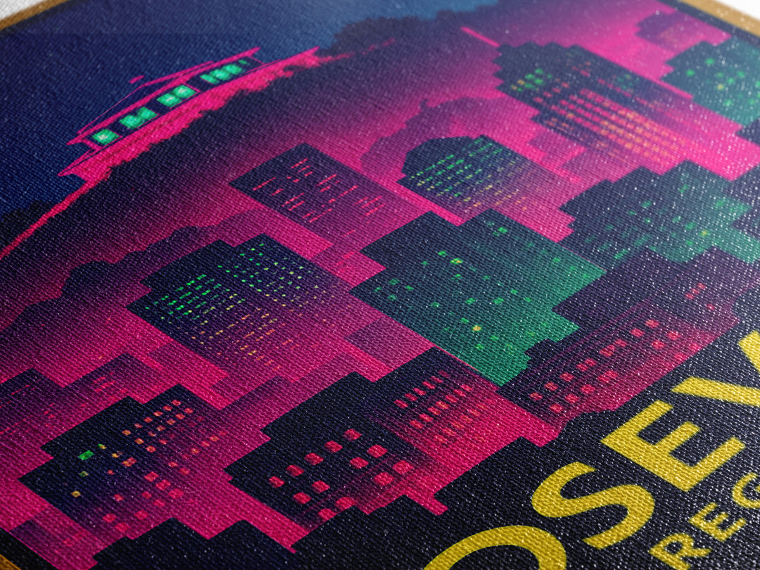 Roseville California Travel Poster, Framed Canvas Print, Neon Skyline Wall Art, Roseville Travel Art, Eclectic Wall Decor, Travel Wall Decor