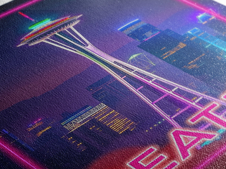 Seattle Washington Travel Poster, Canvas Print, Cyberpunk Style City Art, Seattle City Art, Wanderlust Decor, Travel Art Print, Wall Art