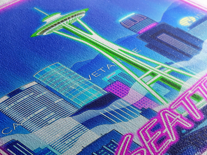 Seattle Travel Poster, Canvas Print, Cyberpunk Style City Art, Seattle City Art, Watercolor Skyline, City Travel Prints, Travel Wall Art