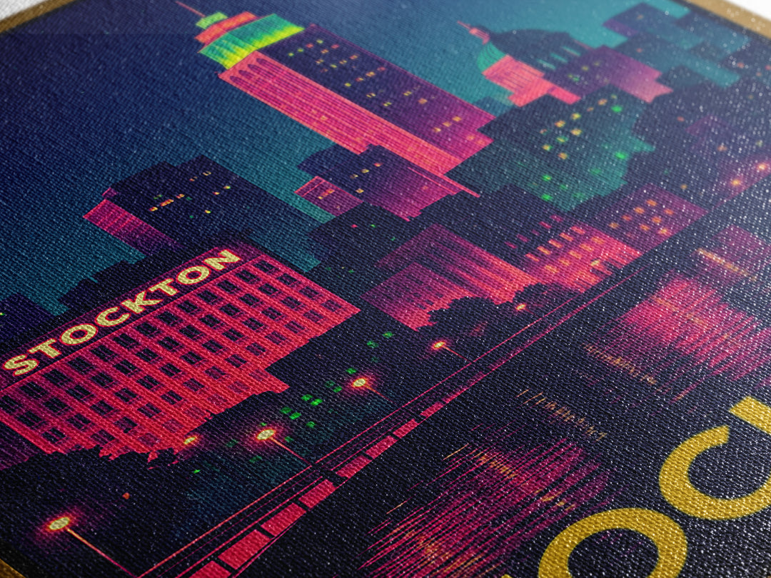 Stockton California Travel Poster, Canvas Print, Neon Skyline Art Wall Art, Stockton Art Print, Vintage City Art, Poster Art