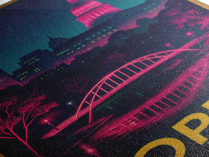 Topeka Kansas Travel Poster, Canvas Print, Retro Neon Travel Art, Topeka City Art, Travel Poster Art, Travel Wall Art, Living Room Wall Art