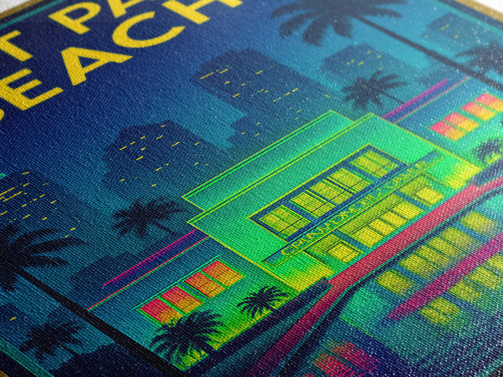 West Palm Beach Travel Poster, Framed Canvas Print, Neon City Skyline Wall Art, West Palm Beach Poster Print, Retro Travel Print, Wall Art