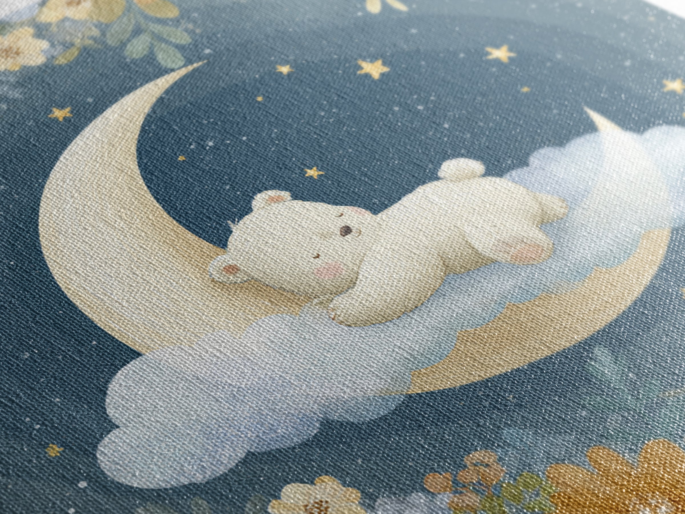 Baby Bear Floating on a Crescent Moon Canvas Print, Nursery Art, Kids Wall Decor, Nursery Decor, Oil Painting, Nursery, NUR-1x1-30