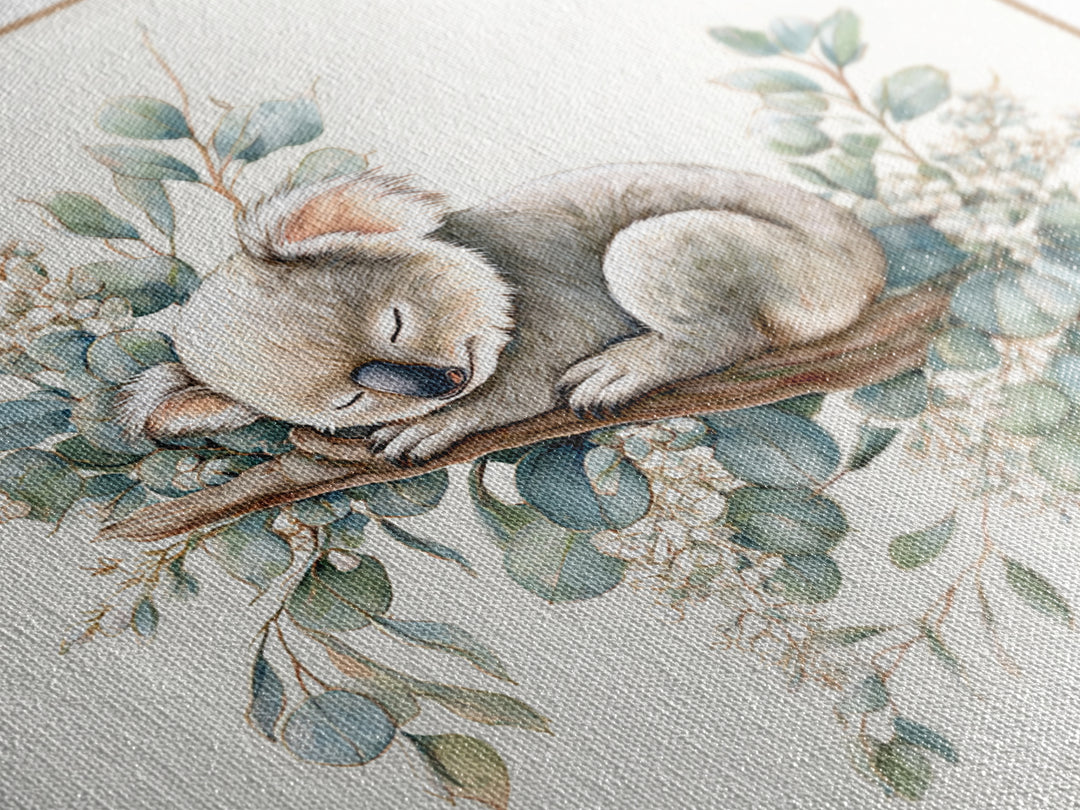 Sleeping Koala on Eucalyptus Branch Framed Canvas Print, Nursery Art, Whimsical Wall Art, Nursery Decor, Fine Art, Nursery, NUR-1x1-37
