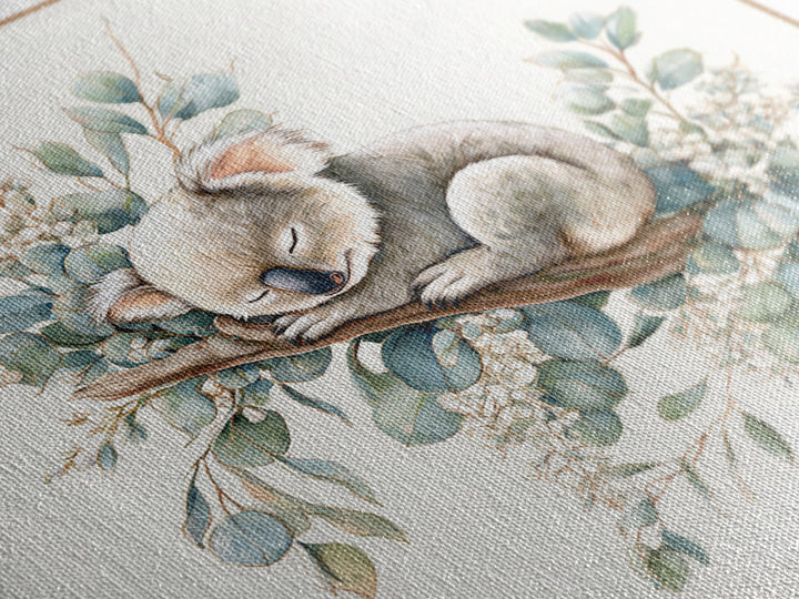 Sleeping Koala on Eucalyptus Branch Framed Canvas Print, Nursery Art, Whimsical Wall Art, Nursery Decor, Fine Art, Nursery, NUR-1x1-37