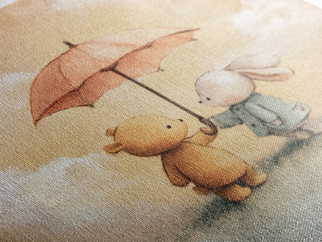 Bear and Rabbit Sharing Umbrella Framed Canvas Print, Nursery Art, Home Decor, Nursery Decor, Fine Art, Nursery, NUR-1x1-41