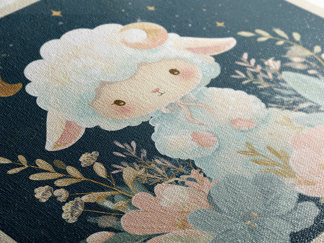 Little Lamb under a Starry Sky Framed Canvas Print, Nursery Art, Woodland Nursery, Nursery Decor, Oil Painting, Nursery, NUR-1x1-43