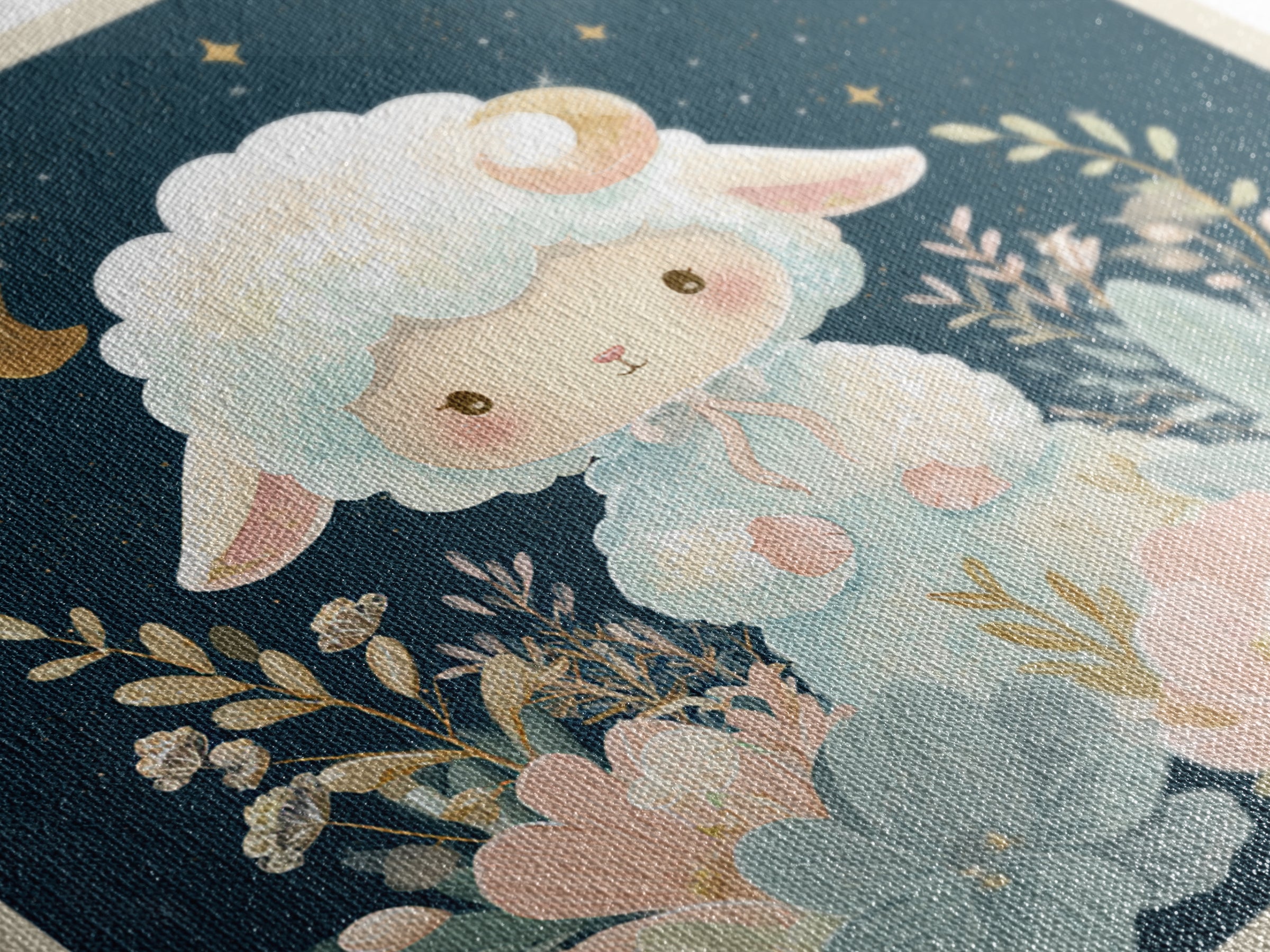 Little Lamb under a Starry Sky Framed Canvas Print, Nursery Art, Woodland Nursery, Nursery Decor, Oil Painting, Nursery, NUR-1x1-43
