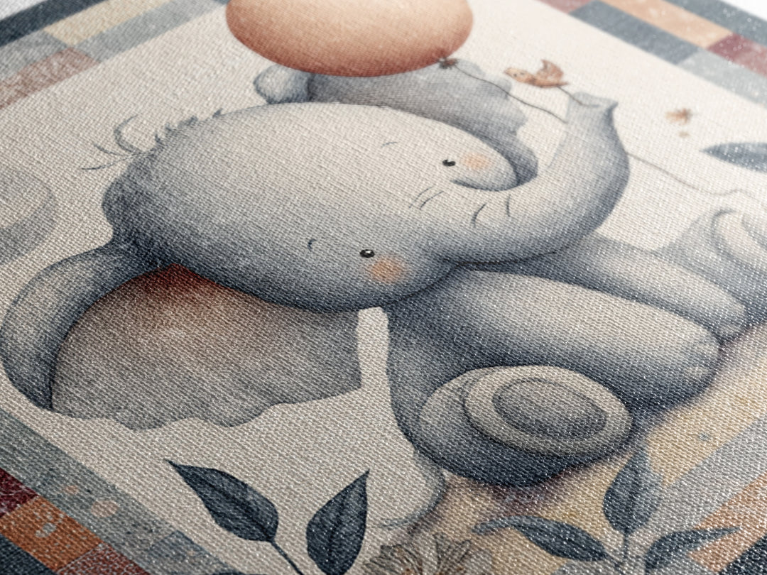 Sleepy Baby Elephant Holding a Tiny Balloon Canvas Print, Nursery Art, Neutral Decor, Nursery Decor, Fine Art, Nursery, NUR-1x1-49