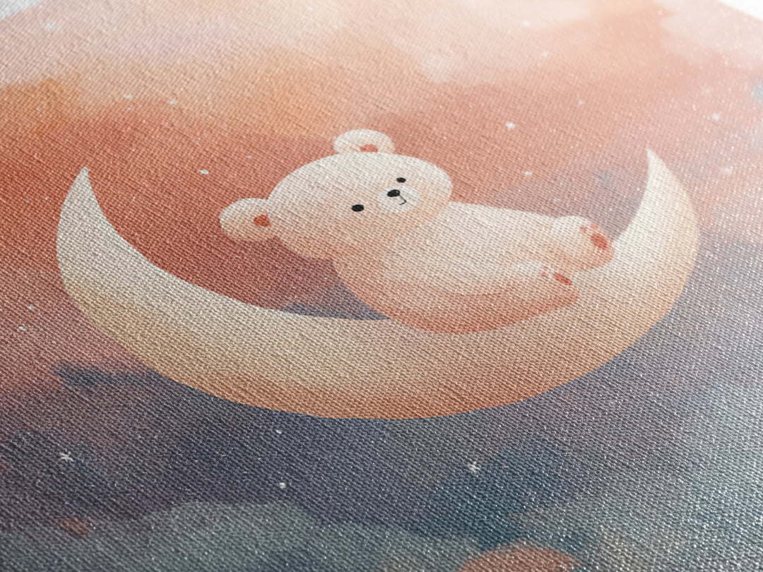 Baby Bear Floating on a Crescent Moon Framed Canvas Print, Nursery Art, Woodland Nursery, Nursery Decor, Watercolor Art, NUR-1x1-6